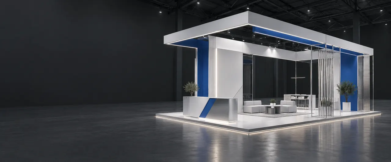 Konzeptdarstellung eines modularen Messestands in Weiß und Silber mit blauen Akzenten in einer dunklen Halle