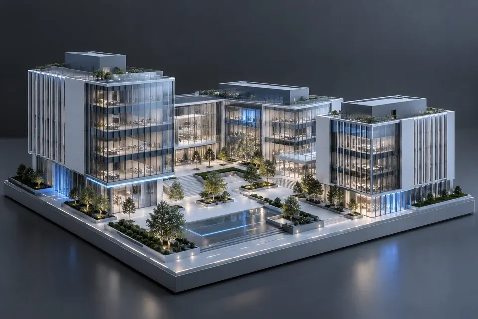 Konzeptmodell eines Bürogebäudekomplexes auf weißem Sockel