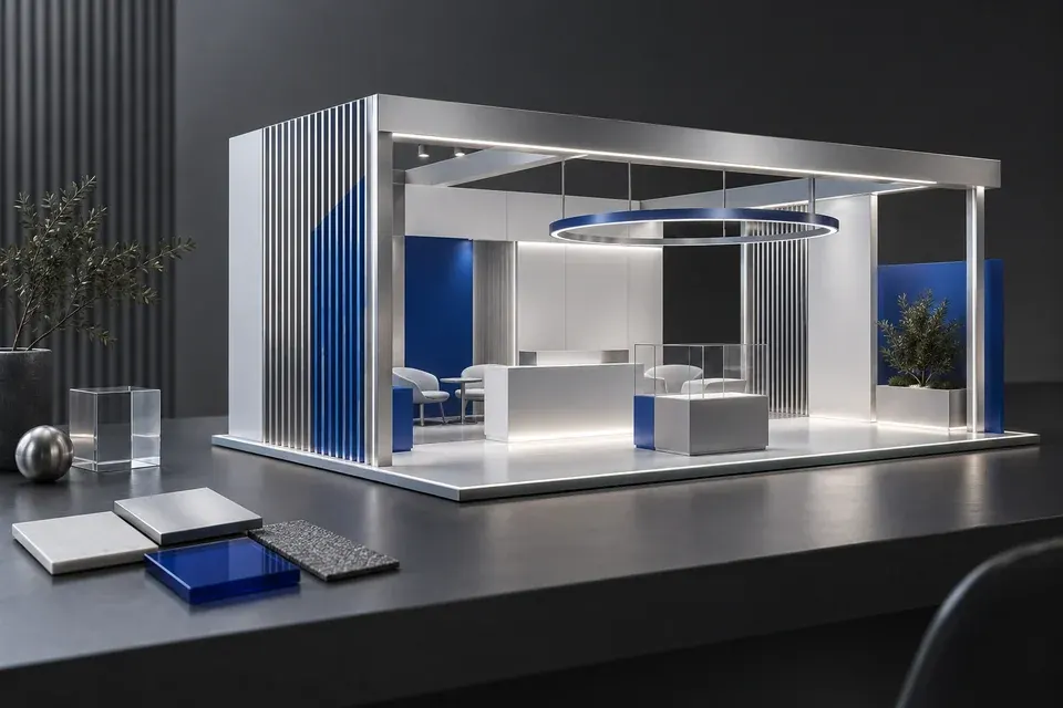 Konzeptmodell eines modularen Messestands auf einem Schreibtisch